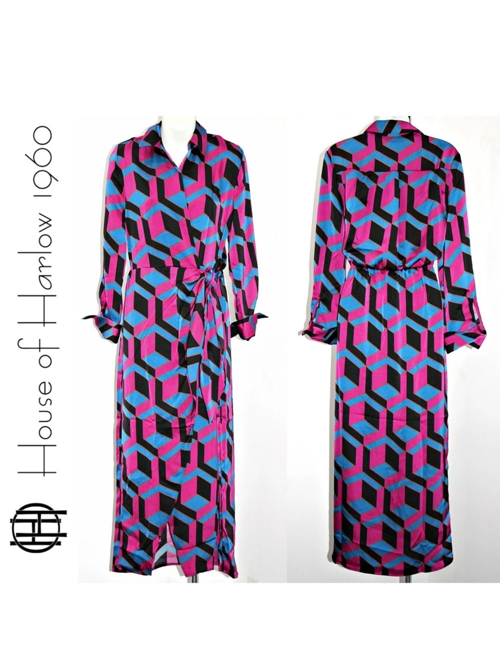 House of Harlow Satin Wrap Long Maxi Dress Geometric Print - Size Medium